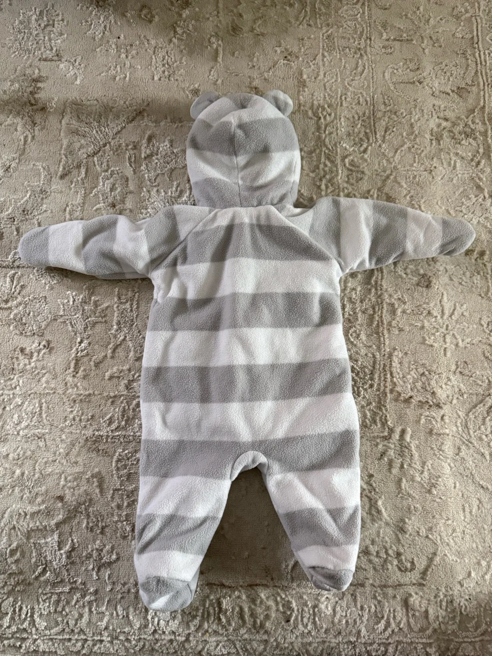 Old Navy Gray and White Striped Fleece Hooded Footie